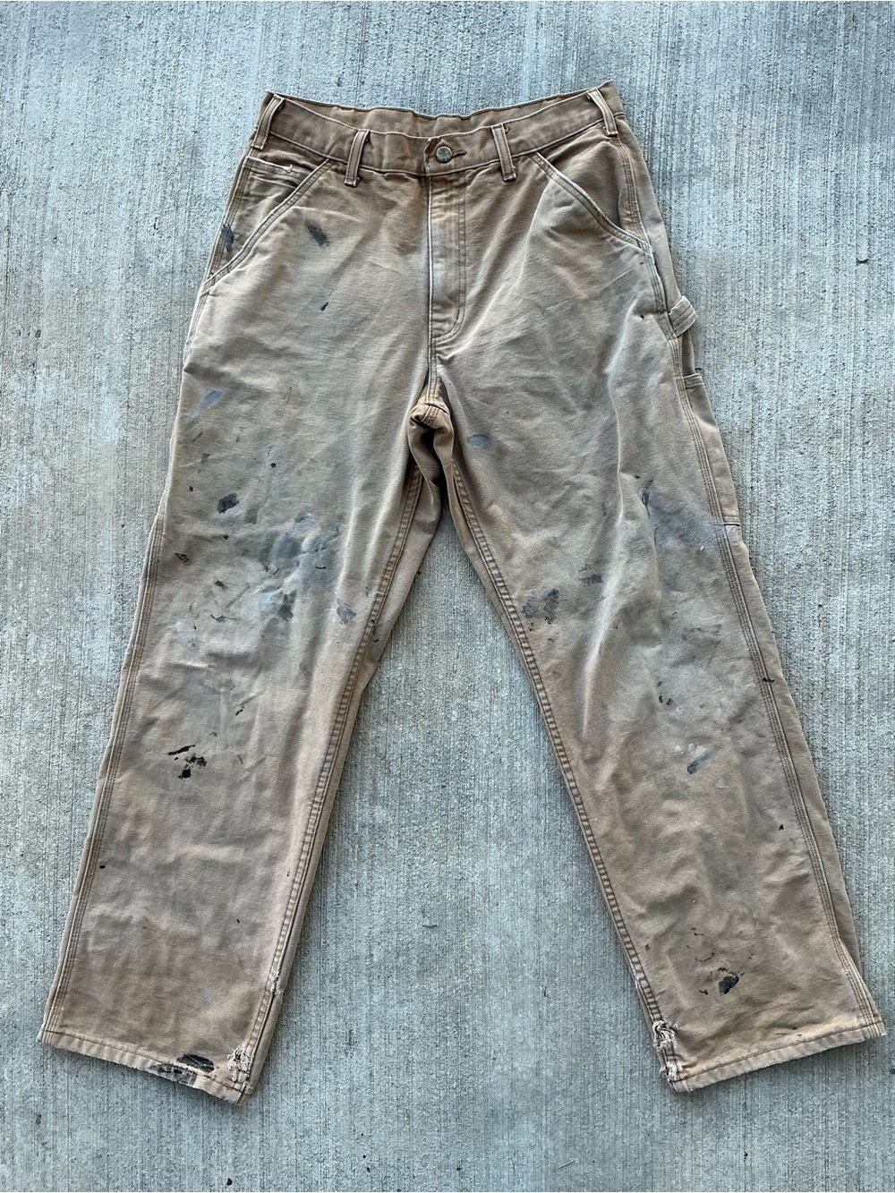 Carhartt B11 BRN Duck Canvas Carpenter Pants Thrashed Paint Distressed 32x32